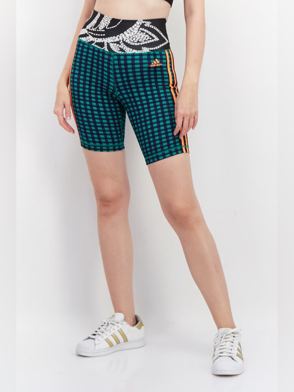 adidas x farmRIO Women’s Green Check Bike Shorts with Orange Stripes